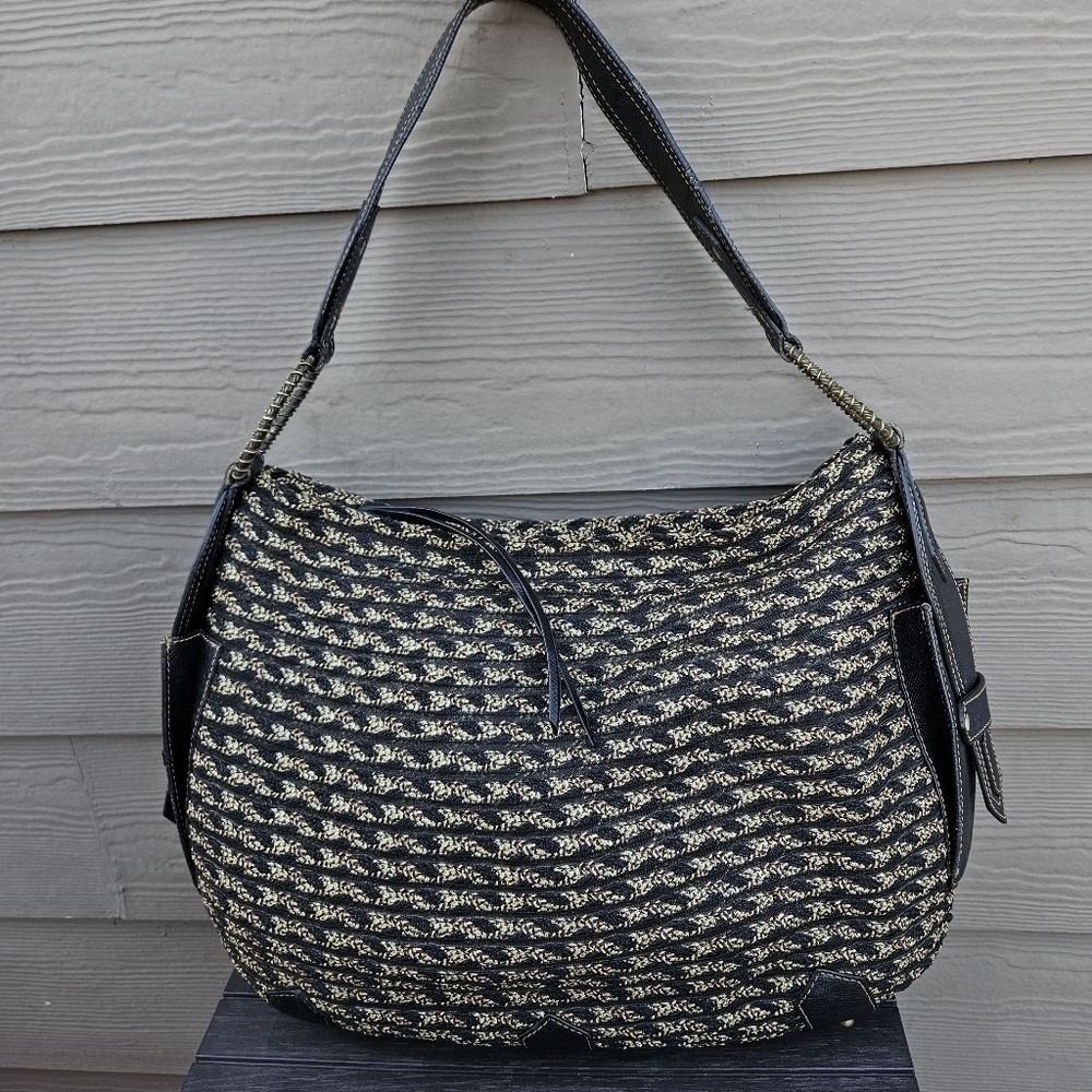 Eric Javits New York Woven Straw Striped Black Metallic Gold Tote Shoulder Bag